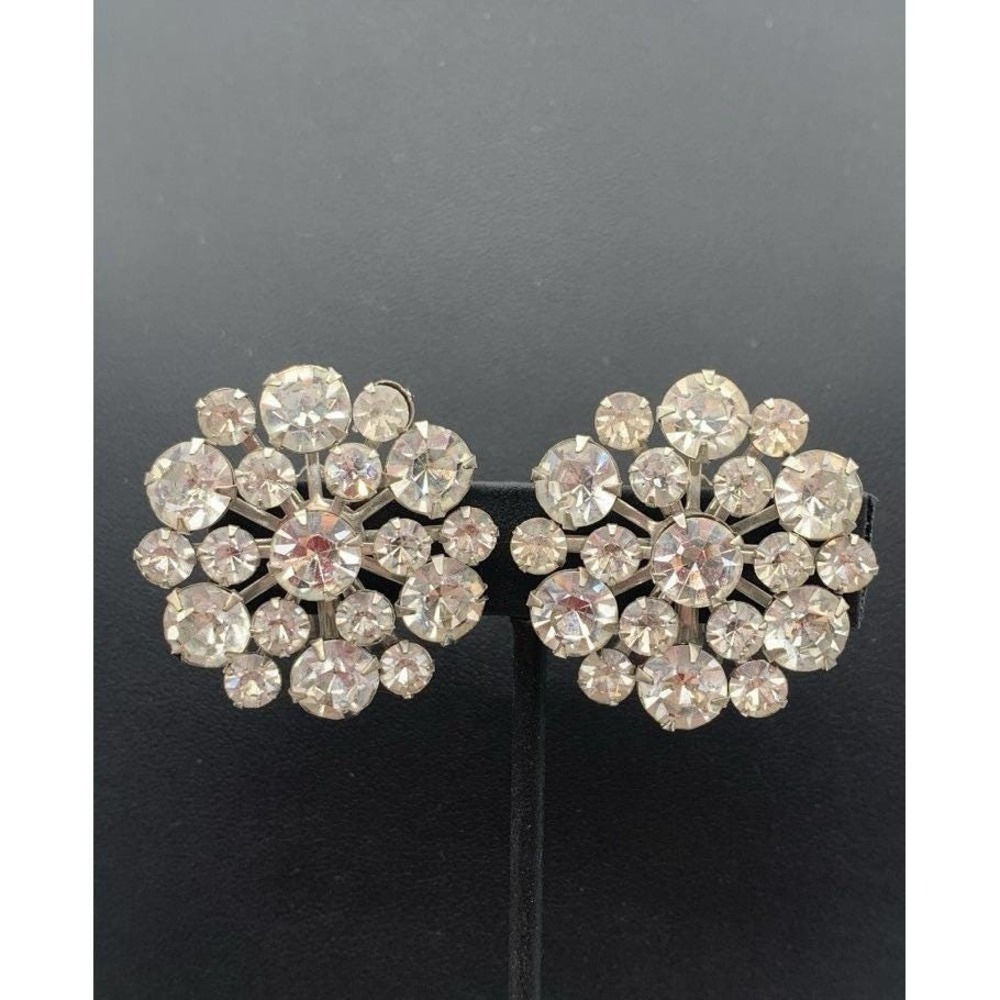 Vintage Silver Tone And Sparkly Clear Prong Rivet Set Rhinestone Clip On Earring